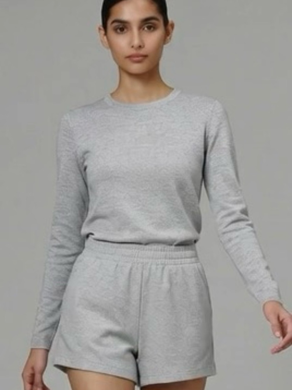 Women's Grey Lounge Set — Long Sleeve Top & Elastic Waist Shorts